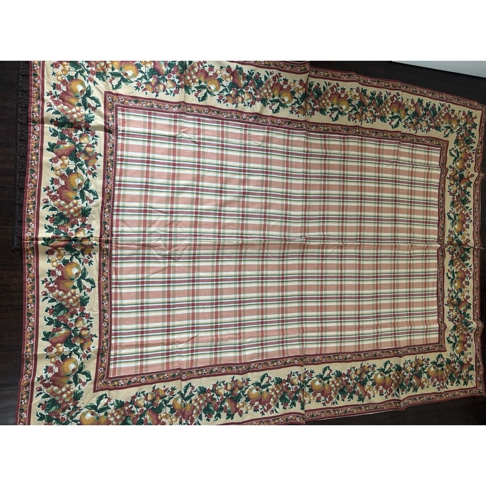 April Cornell? Tablecloth Harvest Plaid Apples Tan Red Green Cotton 56x76